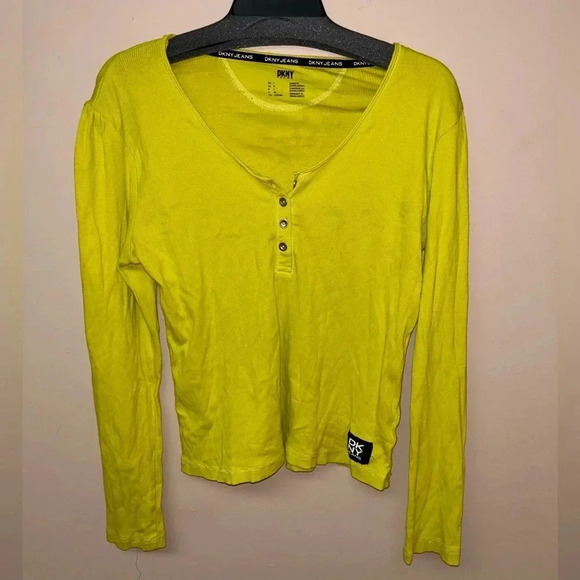 DKNY jeans Neon Lemon green long sleeve knit V-neck top Sz L - Picture 11 of 12
